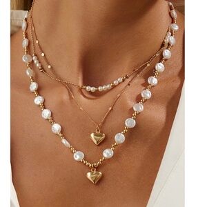 Luxe Gold Tone Faux Pearl Heart Beaded Necklace Set
